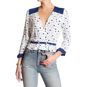 Free People Top Women's Where We‎ Roam Wrap Blouse Surplice White Blue Size XS